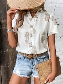 SHEIN LUNE Pineapple Print Ruffle Trim Blouse - White - View 3