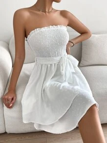 SHEIN Privé 褶邊腰帶抹胸洋裝 - 白色 - 查看 4