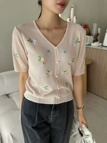 DAZY 花卉刺繡前紐扣針織上衣 - 杏色 - 查看 4