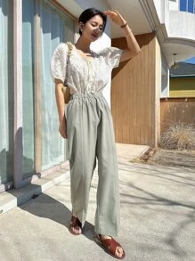 DAZY 素色下擺開叉闊腿褲 - 薄荷綠 - 查看 4