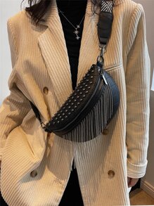 Riñonera pequeño tachuela & con diseño de fleco - Negro - Ver 3