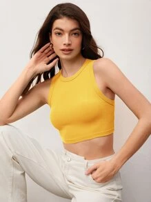 SHEIN BASICS Chất rắn Sọc Crop Tank Top - Màu vàng - Xem 3