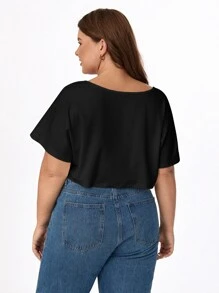 SHEIN BASICS Plus Solid Round Neck Crop Tee For Summer - Black - View 2