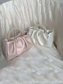 Fashionable,Minimalist,Casual,Argyle Princess Faux Pearl & Rhinestone Pearl Chain & Decor Small Ruched Bag Faux Pearl Decor Top Handle For Party For Party, Wedding, Prom And Dinner, Lipsticks, Women's Pearl Bag For Girl, Teen Girls