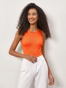 SHEIN BASICS 素色條紋針織背心上衣 - 橘色 - 查看 4
