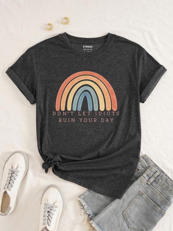 INAWLY Rainbow And Slogan Graphic Tee DON'T LET RUIN YOUR DAY Graphic Tees Women Tops