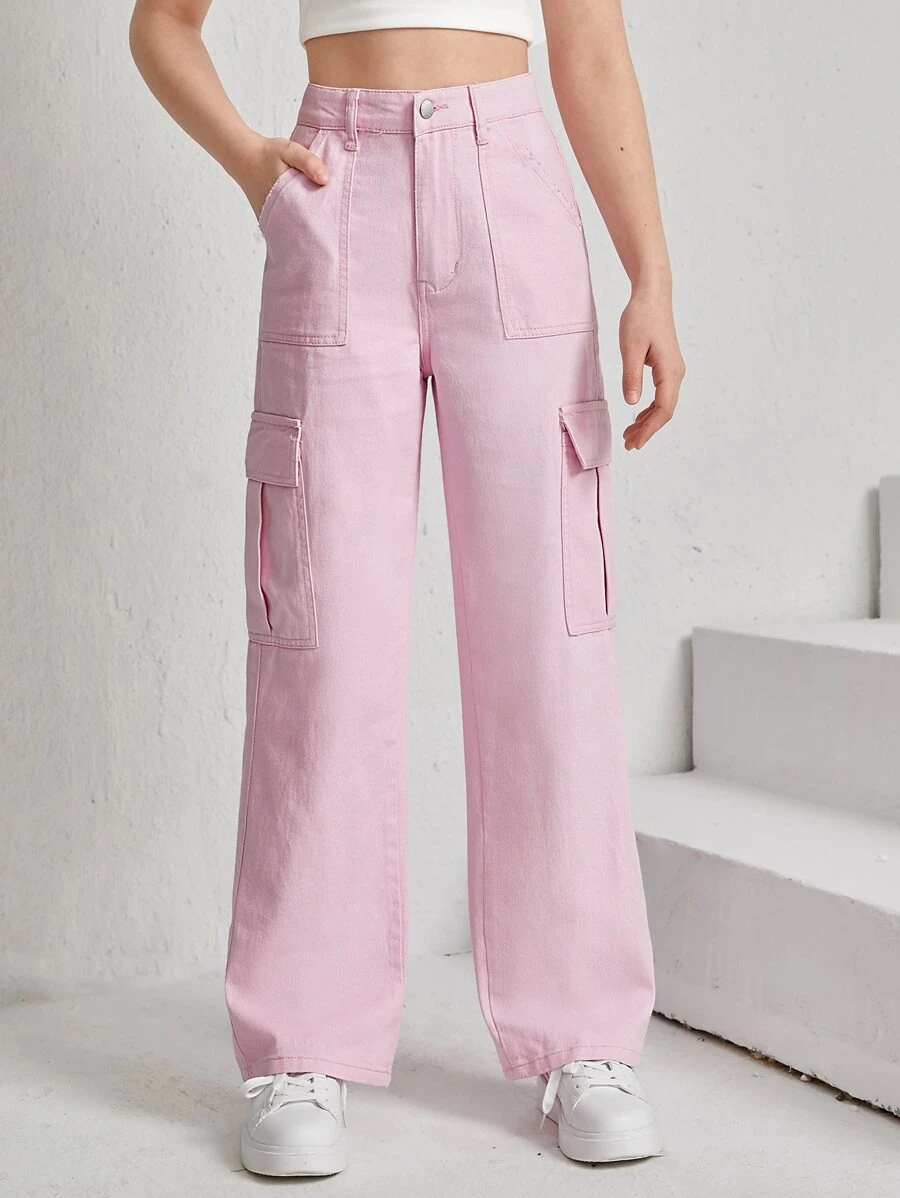SHEIN Teen Girls Flap Pocket Cargo Jeans - Baby Pink - View 1