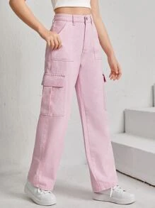 SHEIN Teen Girls Flap Pocket Cargo Jeans - Baby Pink - View 3