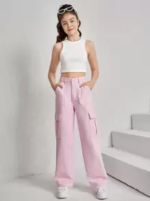 SHEIN Teen Girls Flap Pocket Cargo Jeans - Baby Pink - View 4