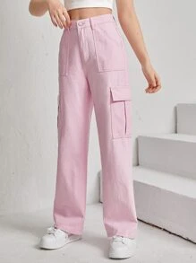 SHEIN Teen Girls Flap Pocket Cargo Jeans - Baby Pink - View 5