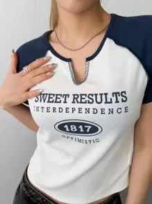 DAZY Letter Graphic Contrast Raglan Sleeve Notched Neckline Tee,Crop Tops Women - Navy Blue - View 2