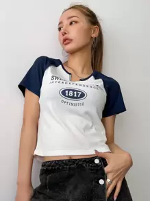 DAZY Letter Graphic Contrast Raglan Sleeve Notched Neckline Tee,Crop Tops Women - Navy Blue - View 6