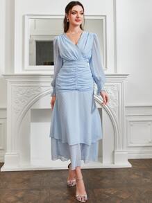 Modelyn 圓點前收褶荷葉袖荷葉邊連衣裙 - 藍色 - 查看 1