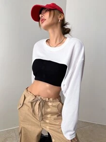 DAZY 1pc Solid Drop Shoulder Crop Top Long Sleeve Women Tops,Fall Women Clothes - White - View 6