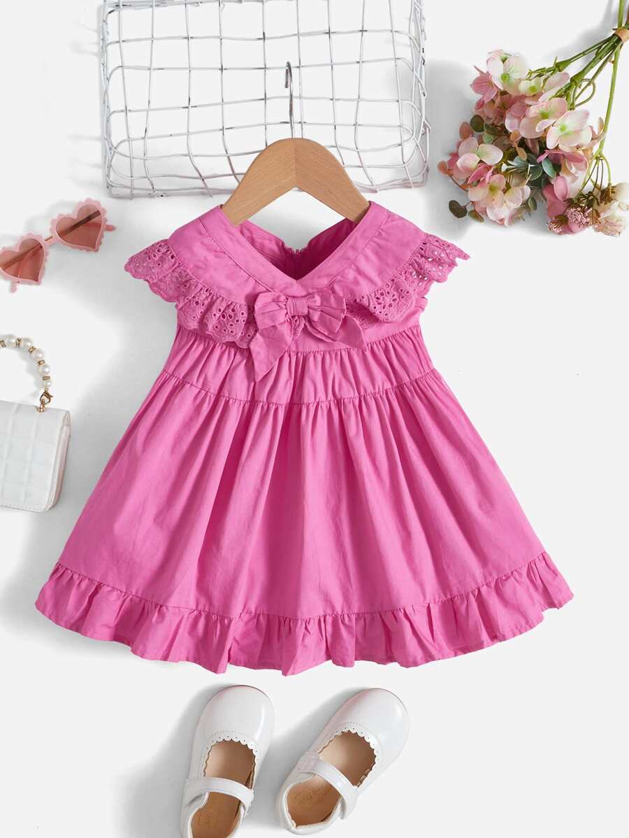 SHEIN 嬰兒網眼刺繡荷葉邊連衣裙 - 粉色 - 查看 1