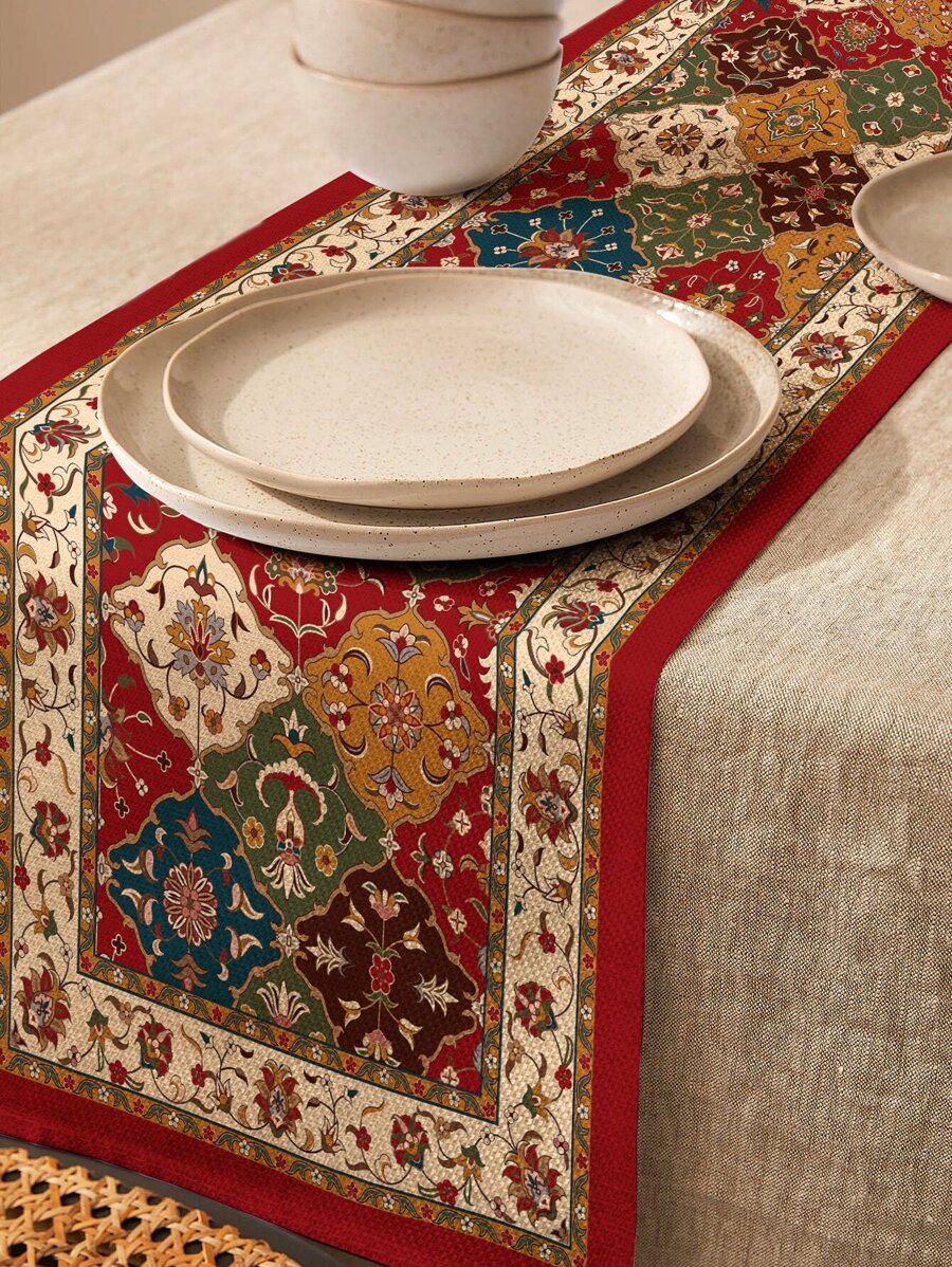 1入組花卉圖案桌旗復古滌綸廚房桌旗適合家用