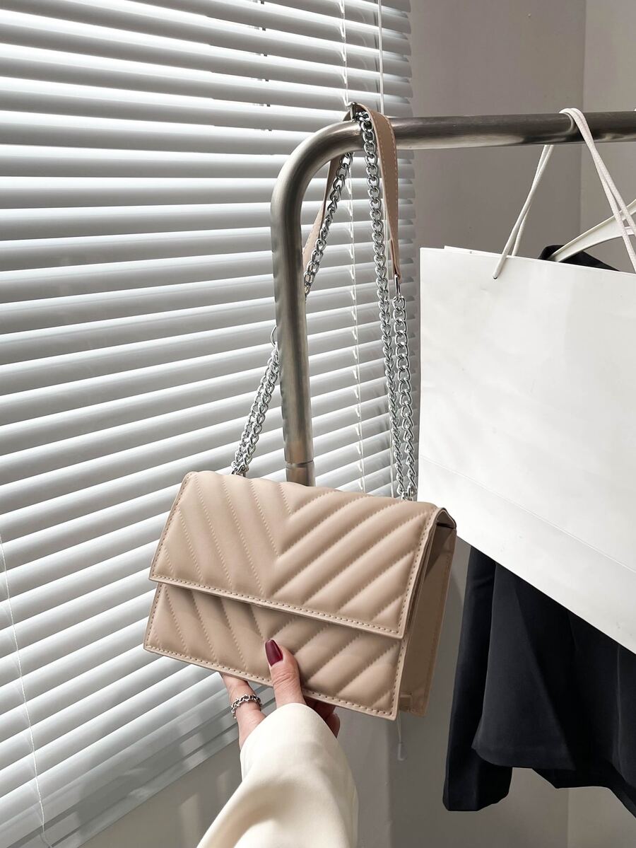 Bolsa cuadrada pequeña con patrón guateado con cadena con tira - Caqui - Ver 1
