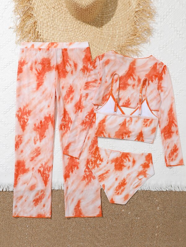 SHEIN Kids EVRYDAY Girls Tie Dye Bikini Swimsuit With Cover Up Set