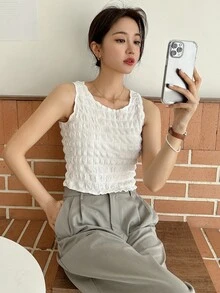 DAZY Solid Lettuce Trim Tank Top - White - View 4