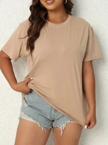 SHEIN LUNE Áo thun Plus size màu trơn Giải trí - Màu be - Xem 4