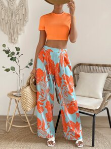 SHEIN VCAY 素色立領短款T恤和印花闊腿褲 - 彩色 - 查看 1