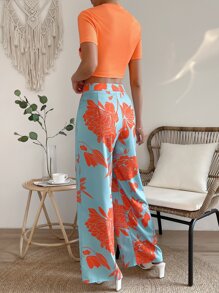 SHEIN VCAY 素色立領短款T恤和印花闊腿褲 - 彩色 - 查看 2