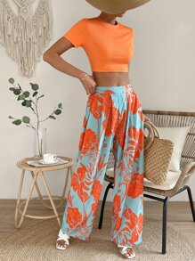 SHEIN VCAY 素色立領短款T恤和印花闊腿褲 - 彩色 - 查看 3