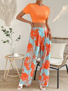 SHEIN VCAY 素色立領短款T恤和印花闊腿褲 - 彩色 - 查看 4