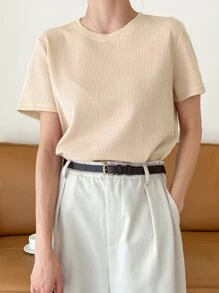 DAZY Solid Round Neck Tee - Beige - View 1