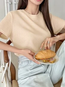 DAZY Solid Round Neck Tee - Beige - View 5