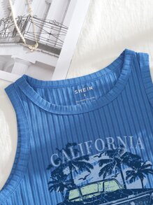 SHEIN EZwear Top tank crop con estampado de coche y letra tejido de canalé - Azul - Ver 5