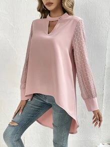 SHEIN LUNE Swiss Dot Keyhole Neckline High Low Hem Blouse - Baby Pink - View 5