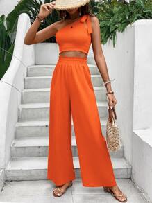 Breezaya Bộ đồ hai mảnh nữ Thắt nút Dải chun Quần paper-bag màu trơn Boho - trái cam - Xem 1