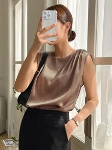DAZY Solid Ruched Keyhole Back Blouse Work Women Clothes