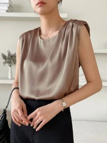 DAZY Solid Ruched Keyhole Back Blouse Work Women Clothes