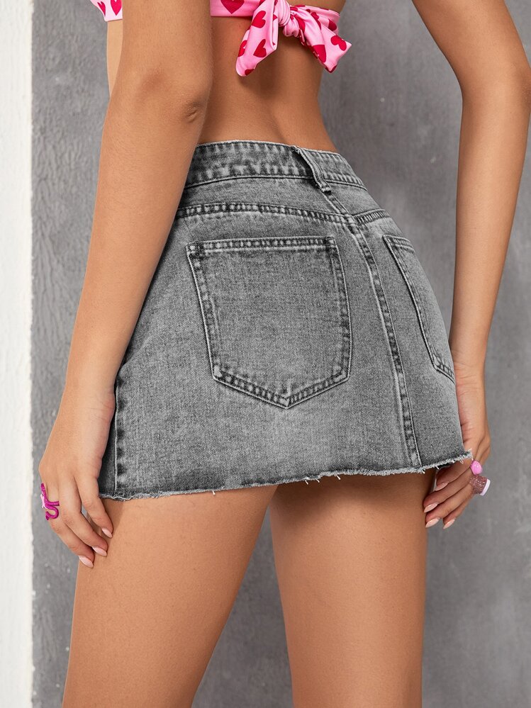 SHEIN ICON 毛邊牛仔半身裙 - 灰色 - 查看 2