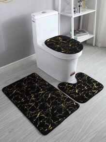 1pc Polyester Bath Rug, Marble Pattern Anti-Slip Toilet Mat For Bathroom Home Bathroom Decor Floor Carpet Outdoor Rug Door Mat Fall Decor Bathroom Accessories Back To School Entryway Decor - Black - View 1
