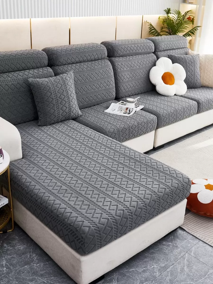 1入組幾何設計沙發座套現代素色彈力滌綸沙發座墊套適合家用 - 深灰色 - 查看 1