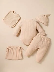 新生兒前打結連體衣和褲子和帽和圍兜和包 - 杏色 - 查看 2