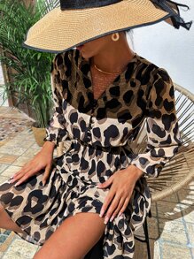 EURMUSE Vestido con estampado de manga farol bajo con fruncido - Multicolor - Ver 3