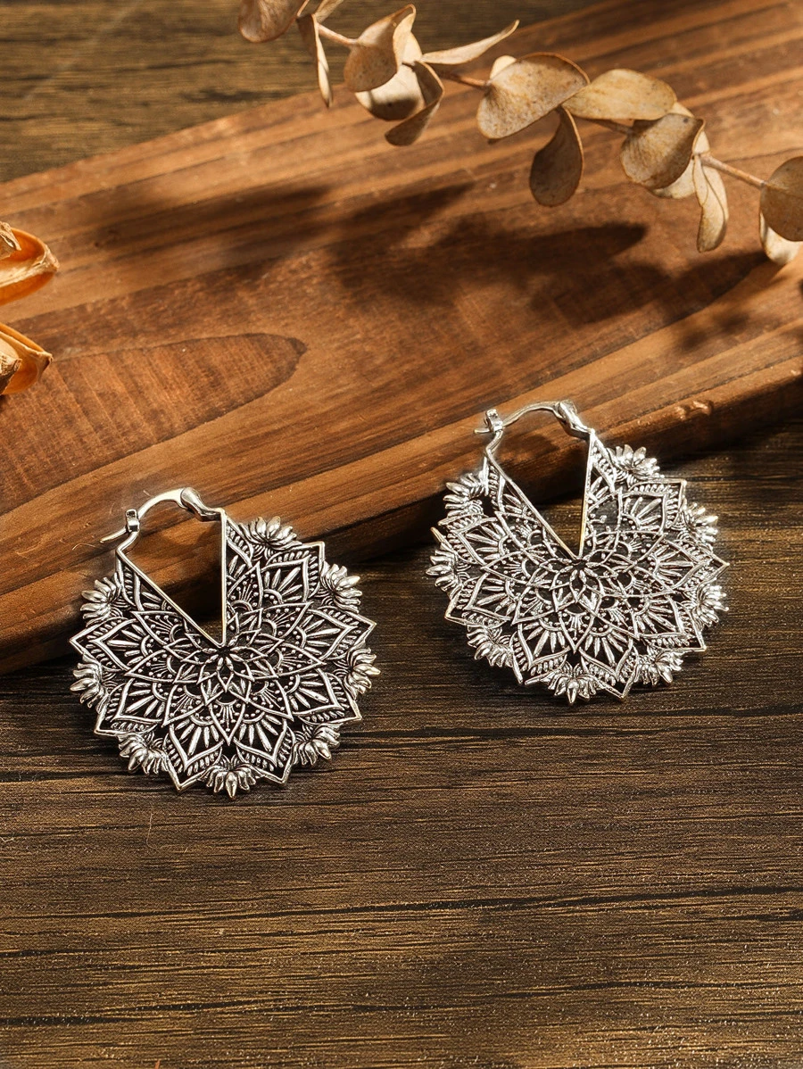 鏤空圓耳環 - 復古銀色 - 查看 1