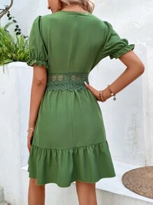 SHEIN VCAY Vestido con encaje de manga farol bajo con fruncido - Verde militar - Ver 2