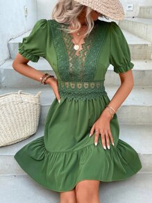 SHEIN VCAY Vestido con encaje de manga farol bajo con fruncido - Verde militar - Ver 5