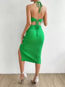 Zolique Tie Backless Split Thigh Halter Dress - Green - View 5