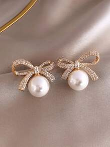 Rhinestone Bow Decor Stud Earrings Bow Rhinestone Faux Pearl Stud Earrings Women's Elegant Jewelry Women's Accessories - Multicolor - View 2