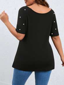 SHEIN LUNE Plus Pearls Beaded Cut Out Front Tee