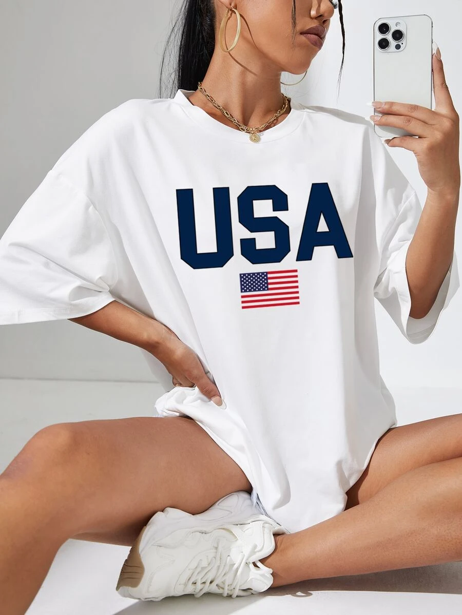 SHEIN EZwear Áo thun nữ Lá thư Lá cờ Giải trí - trắng - Xem 1