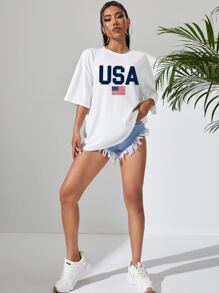 SHEIN EZwear Áo thun nữ Lá thư Lá cờ Giải trí - trắng - Xem 5