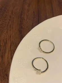 2入組/套魅力四射不銹鋼珍珠和水鑽裝飾戒指適用於女士日常裝飾 - 金黃色 - 查看 2