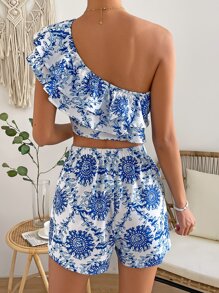 SHEIN VCAY Allover Print One Shoulder Ruffle Trim Crop Blouse & Shorts - Blue and White - View 2